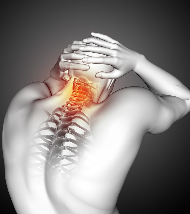 3D render of a male medical figure with top of spine highlighted